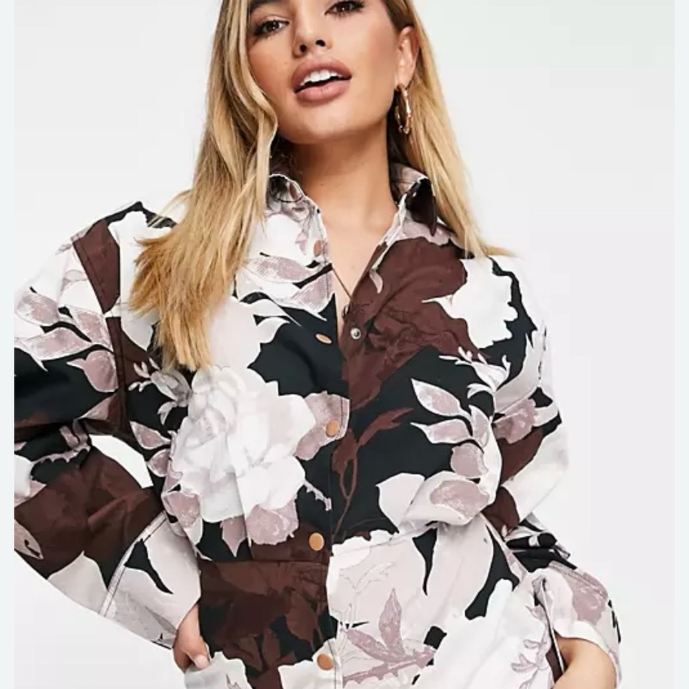 ASOS Floral Button-Down Shirt in White, Brown and Black